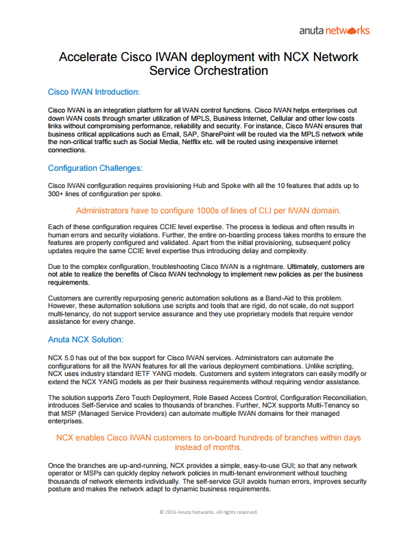 Solution Brief: Cisco IWAN Orchestration using Anuta NCX